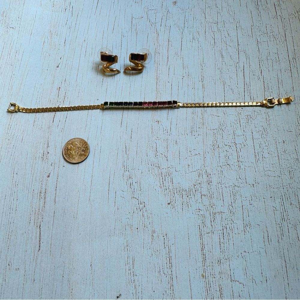 VTG Gold Rainbow Crystal Bracelet Earrings Set‎